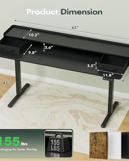 Homall Electric Standing Desk with 2 Drawers, Adjustable Height Computer Desk with Storage Sit Stand Table with Storage Shelf and Splice Board Quick Install for Home Office (Black, 63 Inch)