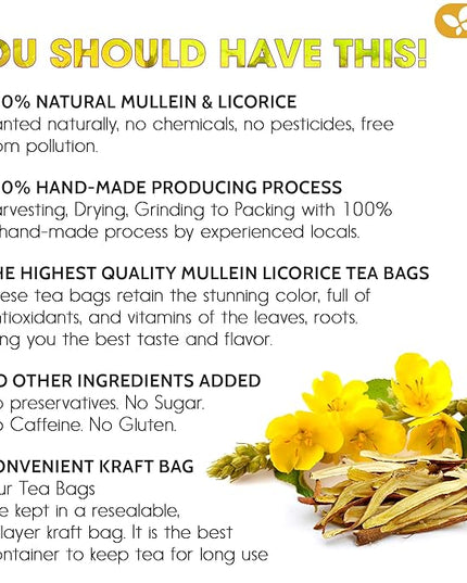 FreshDrinkUS, Premium 75 Mullein Licorice Tea Bags, 100% Natural, Blend of Mullein Leaves, and Licorice Root. Made with Natural Material Tea Bags. No Sugar, Vegan.