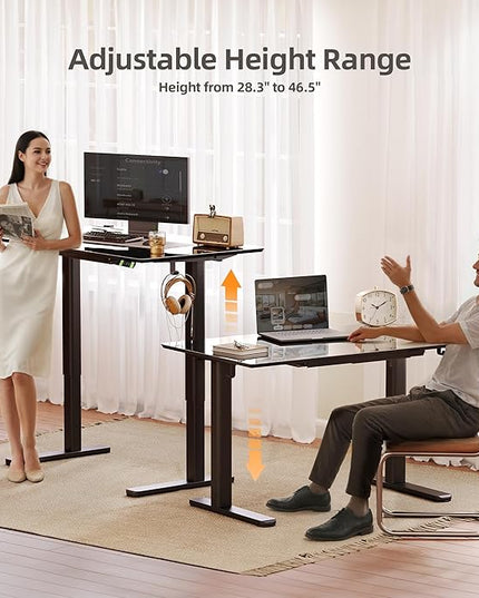 INNOVAR Glass Standing Desk with Drawers, 55×24 Inch Adjustable Stand Up Desk, Quick Install Home Office Computer Desk, Black
