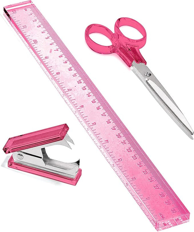 OfficeGoods 3 Piece Acrylic Desk Set - Includes Ruler, Staple Remover, Scissors - Functional & Elegant Desk Accessories - Stationery Tools for Home, Office, and School - Pink with Silver Metal