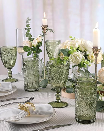 Green Drinking Glasses Set of 4, Vintage Drinking Glasses, Colored Glassware Drinking, Highball Beverage Glasses Cup, Vintage Glassware Set for Water, Juice, Cocktail, Coffee