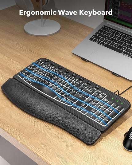SABLUTE Ergonomic Keyboard, USB Wired with Cushioned Wrist & Palm Rest, 7-Color Backlit Adjustable Brightness for Windows, macOS, Desktop, Laptop & PC