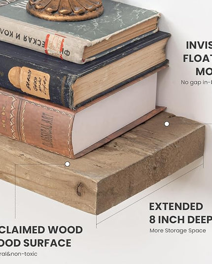 Floating Shelves, 8 Inch Deep Rustic Solid Reclaimed Wood Wall Shelves for Storage, Wall Mounted Display Shelving with Invisible Heavy-Duty Metal Bracket, 30 Inch Width Set of 2, Natural