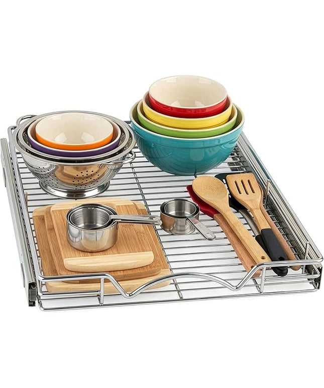 HOLDN’ STORAGE Pull Out Cabinet Organizer - Heavy Duty Steel with Smooth Slide-Out Drawers, Chrome Finish - 17" W x 17" D Basket, Fits 18.25" Cabinet Opening