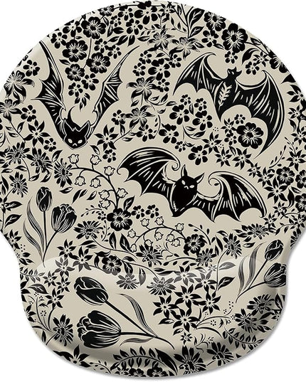 Goth Bat Floral Ergonomic Mouse Pad with Wrist Rest, Gothic Flowers Gaming Mousepad Wrist Support, Funny Computer Mouse Pad with Non-Slip PU Base for Desk Accessories Office Decor Supplies