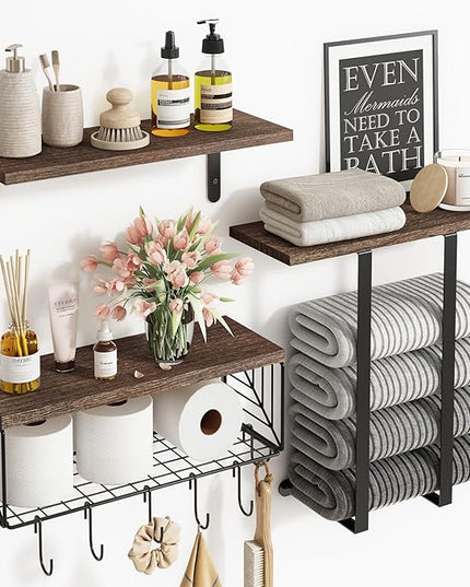 Fixwal Bathroom Floating Shelves Over Toilet Wall Shelves Set with Towel Storage Rack for Bathroom Organization & Wall Decor(Brown)
