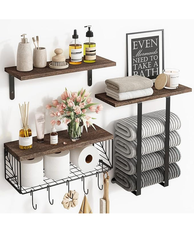 Fixwal Bathroom Floating Shelves Over Toilet Wall Shelves Set with Towel Storage Rack for Bathroom Organization & Wall Decor(Brown)