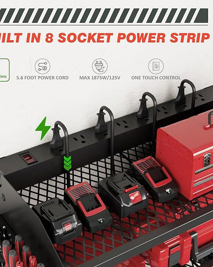 Power Tool Organizer Wall Mount with Charging Station, 8 Outlet Heavy Duty Metal Garage Tool Storage Rack, 23 Inch 3 Tier Shelves for Workshop & Garage Organization