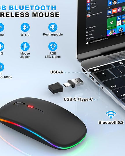 Bluetooth Wireless Mouse for MacBook Air Mac Pro iPad ,LED Rechargeable Silent Mouse with 2.4GHz USB-A/USB-C Receiver & Mouse Jiggler, Compatible with Laptop MacBook IPad Mac Tablet PC- Matte Black