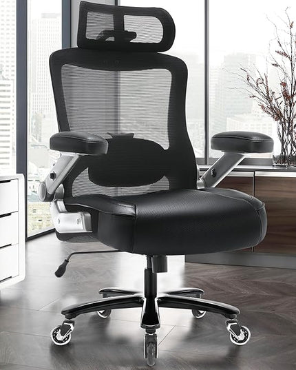 600lbs Big and Tall Office Chair- Heavy Duty Executive Computer Chair with 3D Flip Arms Large Wheels, Ergonomic Mesh High Back Desk Chair, Extra Wide Seat Adjustable Lumbar Support&Headrest