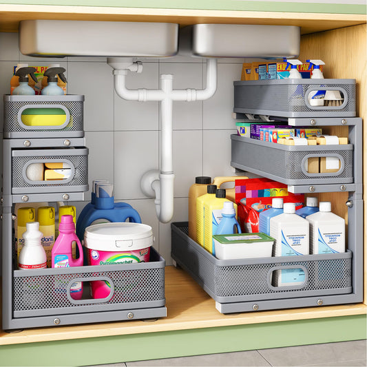 Kitstorack Under Sink Organizer, 2-Pack 3-Tier Height Adjustable Thickened Metal Pull out Cabinet Organizer Shelf, Slide out Storage Drawer Rack for Bathroom Kitchen Pantry Home Organization, Grey
