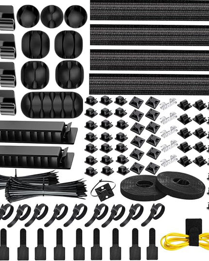 [313Pcs] Cable Management Kit, 67 Adhesive Cable Clips, Topavatop Desk Cord Organizer, 22 Reusable Cable Strap, 4 Cable Sleeve Split, 200 Nylon Cable Zip Ties with 20 Mounts for TV Office Home, Black