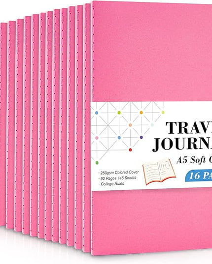 16 Pack Soft Cover Journal Bulk, Feela Lined Notebooks College Ruled for Work for Women Girl Writing, Blank Travel Journal Note Taking Notebook School Business Supplies, 8.2” x 5.5”, A5, Berry