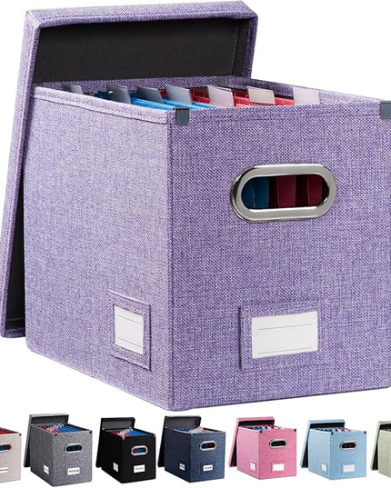 PRANDOM File Organizer Box - Set of 1 Collapsible Decorative Linen Filing Storage Hanging File Folders with Lids Office Cabinet Letter Size Purple (14x9.3x10.8 inch)