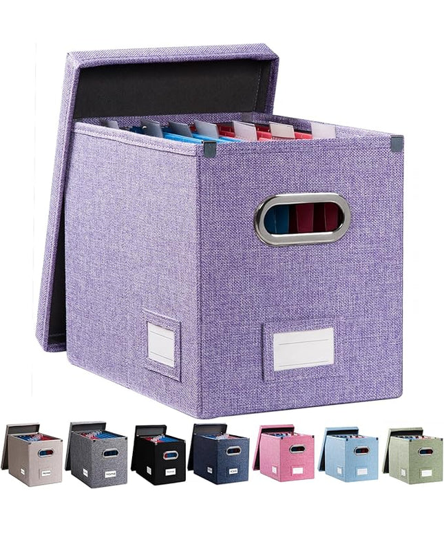PRANDOM File Organizer Box - Set of 1 Collapsible Decorative Linen Filing Storage Hanging File Folders with Lids Office Cabinet Letter Size Purple (14x9.3x10.8 inch)