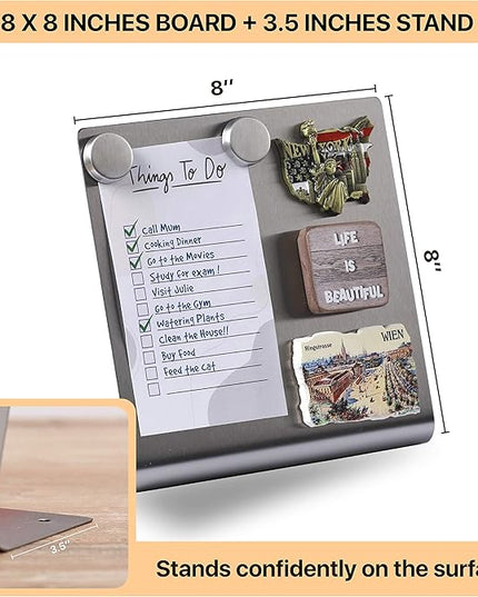Magnetic Bulletin Board with Stand – Small Dry Erase Memo Board – Tabletop Metal Easel for Magnet Display – Mini Home Decor – 8x8 Inches + 2 Magnets