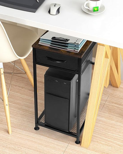 YBING Computer Tower Stand PC Tower Stand with Storage Drawer Mobile CPU Holder Stand with Caster Wheels 2 Tier Rolling Computer Tower Cart for Home Office Fax, Rustic Brown