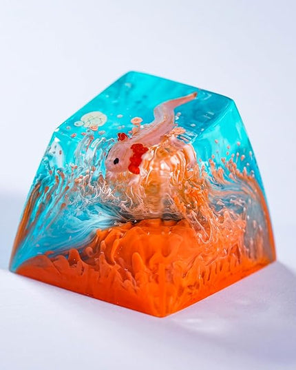 Cute Pink Axolotl in Blue and Orange R1 SA Profile Artisan Keycap Custom Animal Axolotl 1U ESC Handmade Resin Keycap Cherry MX Switch Mechanical Keyboard Gift for Axolotl Lover