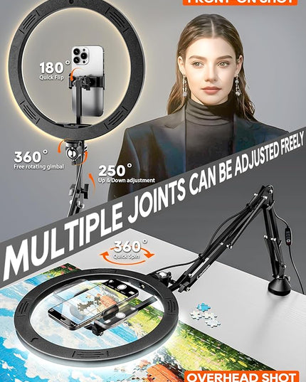 Upgrade Ring Light Overhead Phone Mount, 12”Circle LED Desk Ring Light with Clamp for Video Recording,Flexible Articulating Phone Arm Stand Compatible with iPhone,Live Streaming YouTube Tiktok