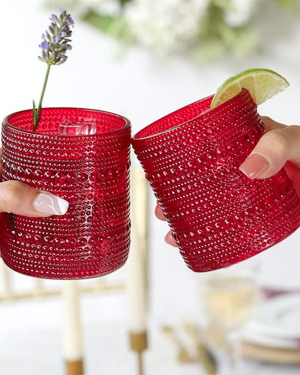 Kate Aspen Red Hobnail Drinking Glasses - Vintage Beaded Glassware Set for Cocktails, Juice, or Water - Christmas Table Decor and Holiday Drinkware - Great Holiday Hostess Gifts