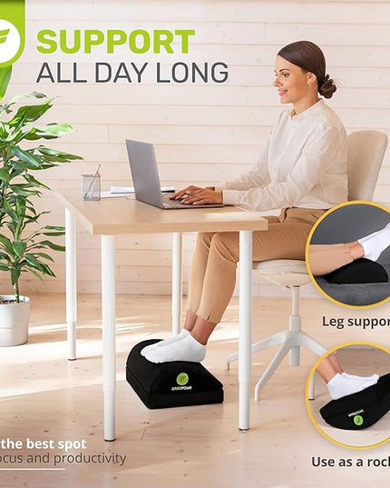 ErgoFoam Chiropractor-Endorsed Orthopedic Teardrop Design 2in1 Adjustable Under Desk Foot Rest for Lumbar Back Knee Pain (Black)