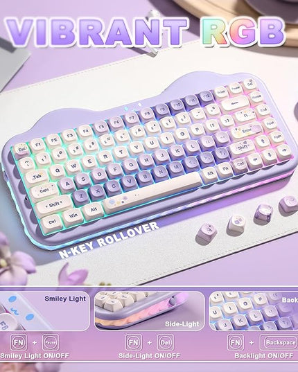 YUNZII C75 Wireless Mechanical Keyboard,75% Layout, Hot-Swappable NKRO,BT5.0/2.4G/USB-C Mode,Dye-Sub PBT MOA Keycaps,RGB Gasket Mount,Cute Cake Design for Mac/Win/Gaming (Purple, Candy Switch)