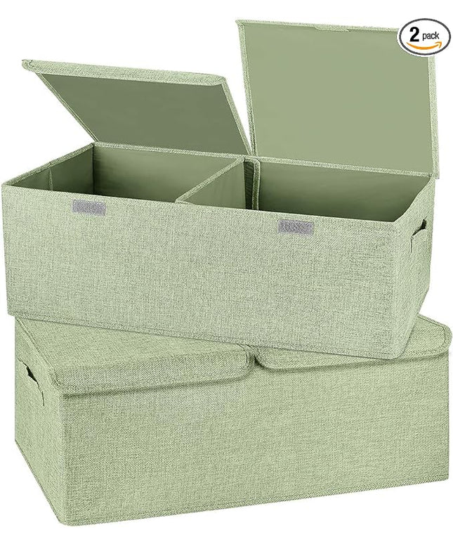 2 Pack Storage Boxes with Lids and Handles, Collapsible Linen Storage Bins Organizer Containers Baskets Cube with Removable Divider for Home Bedroom Closet Office (Green, Small)