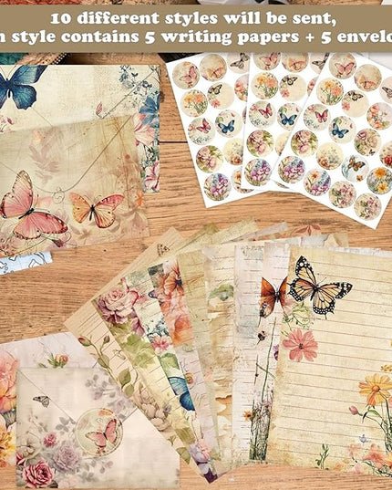 160 Pcs Stationery Paper Envelopes Set Includes 50 Lined Writing Paper & 50 Envelopes with 60 Colorful Round Dot Stickers, Cute Vintage Floral Letter Writing and Stationery Paper Envelopes(10Style)