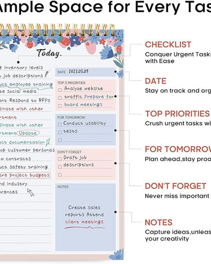 Taja To Do List Notepad - To Do List Notebook for Work with 52 Sheets, 9.8" x 6.5", Undated Daily Planner Perfect for Daily Tasks and Goal Setting, Notepad Suitable for Office, Home & School - Spring Blossom