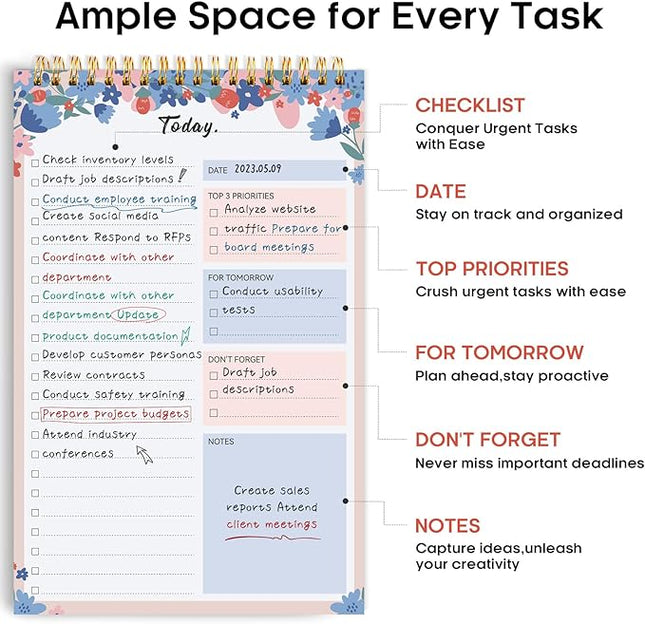 Taja To Do List Notepad - To Do List Notebook for Work with 52 Sheets, 9.8" x 6.5", Undated Daily Planner Perfect for Daily Tasks and Goal Setting, Notepad Suitable for Office, Home & School - Spring Blossom