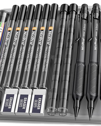 Nicpro 2.0 mm Mechanical Pencil Set, 3PCS Artist Lead Pencil Holder 2mm with 72PCS Lead Refills (4H 2H HB 2B 4B 6B Color) Eraser, Weatherproof Barrel for Outdoor Writing Drafting Drawing Sketching