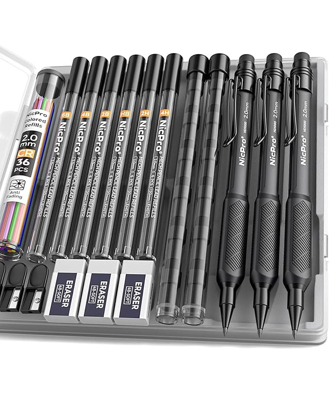 Nicpro 2.0 mm Mechanical Pencil Set, 3PCS Artist Lead Pencil Holder 2mm with 72PCS Lead Refills (4H 2H HB 2B 4B 6B Color) Eraser, Weatherproof Barrel for Outdoor Writing Drafting Drawing Sketching