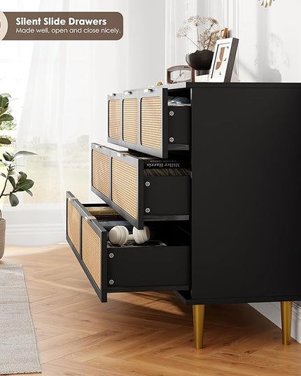 Garvee Rattan Dresser with 7 Drawers, Tall Modern Closet with Deep Storage, Large Chest of Drawers with Wide Top, Long Wooden Dresser for Bedroom, Living Room, Hallway, Kids Room, Black