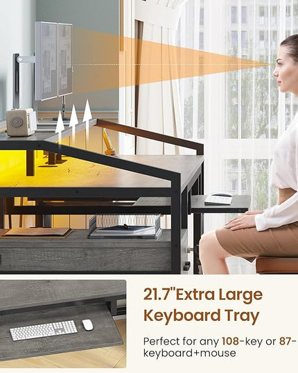 SEDETA 63" Computer Desk, Office Desk with Lockable Drawers for Legal/Letter File, Gaming Desk with LED Lights & Power Outlet, Home Office Desks with Storage, Grey