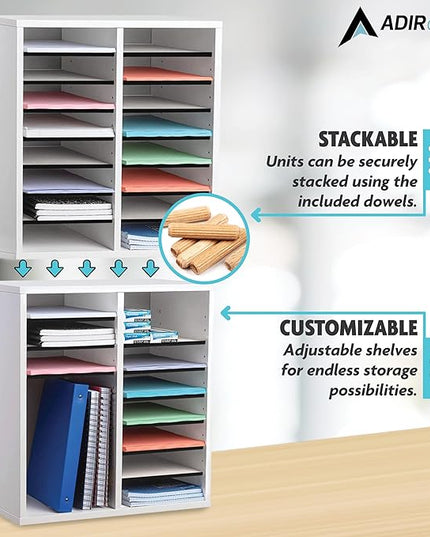 AdirOffice Wooden Adjustable organizerserature Organizer, 16 Compartment Office Mailbox, or Classroom Literature Organizer, White