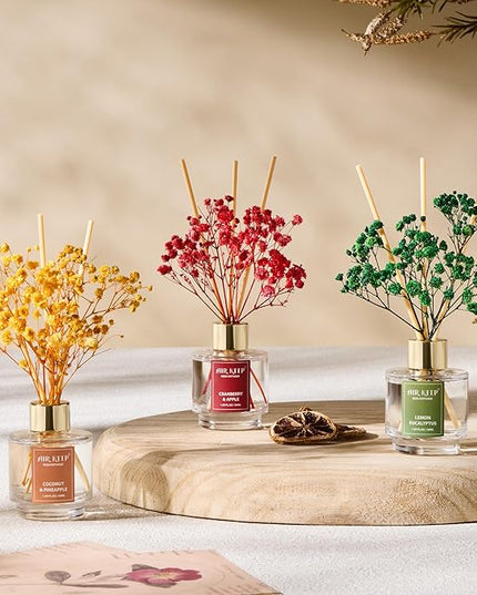 Airkeep Reed Diffuser Set of 3, Coconut Pineapple Lemon Eucalyptus Cranberry Apple Oil Reed Diffusers for Bedroom Living Room Office Aromatherapy Oil Reed Diffuser for Gift 50ml x 3