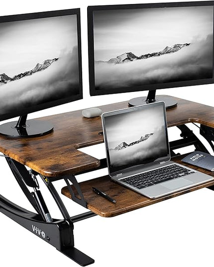 VIVO 36 inch Height Adjustable Stand Up Desk Converter, V Series, Quick Sit to Stand Tabletop Dual Monitor Riser Workstation, Rustic Vintage Brown Top, Black Frame, DESK-V000VN