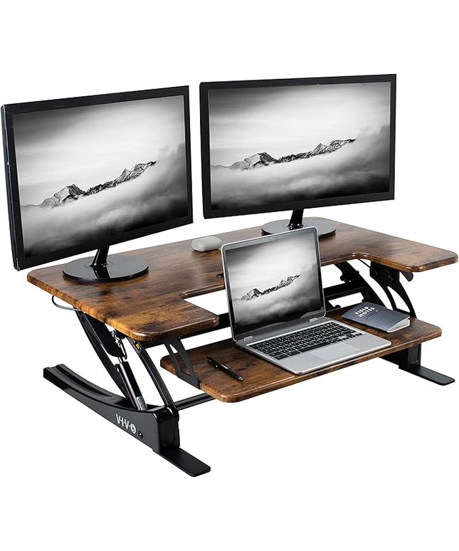 VIVO 36 inch Height Adjustable Stand Up Desk Converter, V Series, Quick Sit to Stand Tabletop Dual Monitor Riser Workstation, Rustic Vintage Brown Top, Black Frame, DESK-V000VN