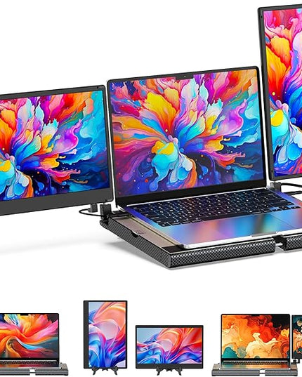 SMISEACOW Laptop Screen Extender F3, Triple Portable Monitor 14-inch 360 Degrees Rotation with Stand, IPS FHD 1080P Workstation for Windows/Mac/Linux/Chrome Compatible with Notebook/Mini PC