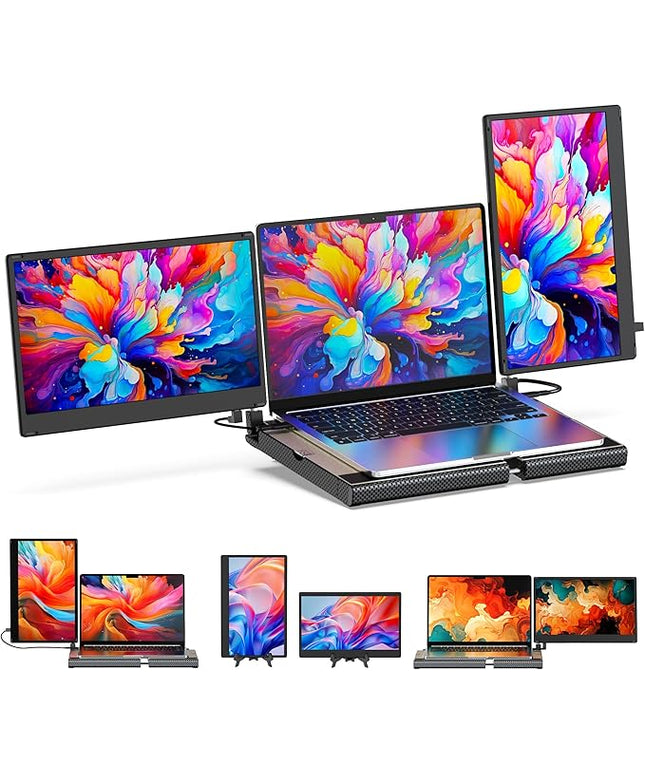 SMISEACOW Laptop Screen Extender F3, Triple Portable Monitor 14-inch 360 Degrees Rotation with Stand, IPS FHD 1080P Workstation for Windows/Mac/Linux/Chrome Compatible with Notebook/Mini PC
