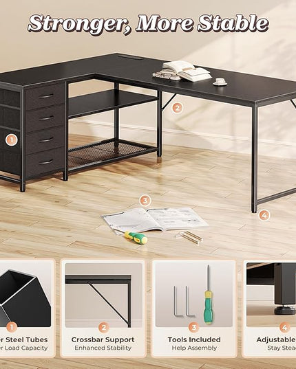 PRAISUN 61" L Shaped Desk with Power Outlets and USB-C Port, Reversible Computer Corner Office Desk with 4 Fabric Drawers and 2 Height-Adjustable Shelves, Large for Gaming Writing Work Study，Black