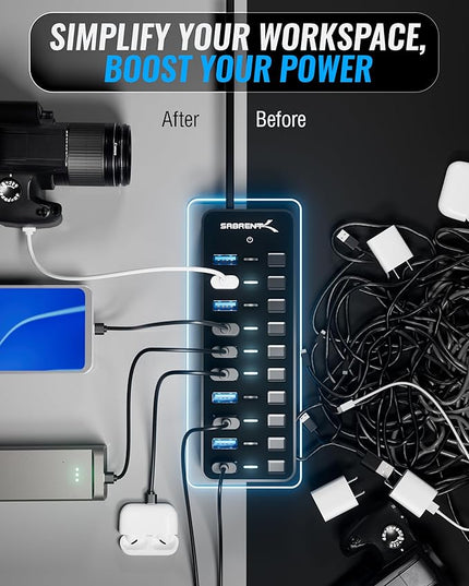 SABRENT 10-Port 60W USB 3.0 Hub with Individual Power Switches and LEDs, Includes 60W 12V/5A Power Adapter (HB-BU10)