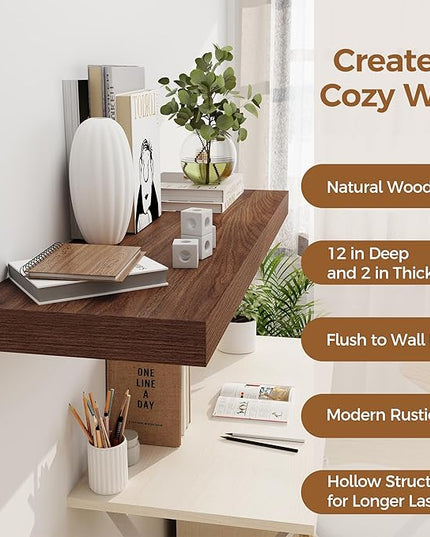 Floating Shelves 36 Inch Long, 12 Inch Deep Floating Shelves for Wall, 36 x 12 Shelves for Wall Storage & Display, 2" Thick Floating Shelf for Bathroom, Living Room, Bedroom, Walnut Color, Set of 2