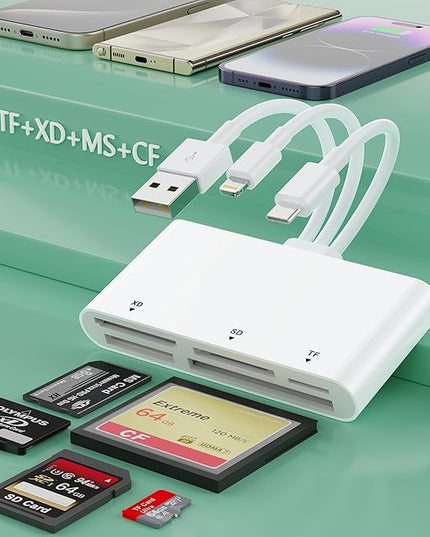 Multi 8-in-1 Lightning/USB C/USB A Memory Card Reader for iPhone 15 14 13/iPad/Android/Samsung/Mac Book/Laptop/Camera/Hard Disk/Flash Drive,OTG Memory Adapter for SD/TF/CF/XD/MS/Micro SD/SDHC XC/MMC