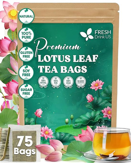 FreshDrinkUS, Premium 75 Lotus Leaf Tea Bags, 100% Natural & Pure from Lotus Leaves. Loose Leaf Lotus Herbal Tea. Made with Eco-Conscious Tea Bags. No Sugar, No Caffeine, No Gluten, Vegan.