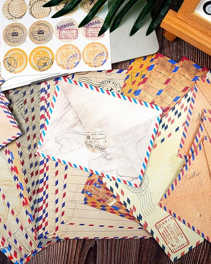 160 Pcs Stationery Paper Envelopes Set Includes 50 Lined Writing Paper & 50 Envelopes with 60 Colorful Round Dot Stickers, Cute Vintage Travel Letter Writing Stationery Paper Envelopes(10Style)