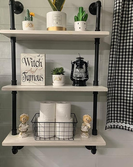 White Floating Shelves 24 inch Pipe Wall Shelves Bathroom Shelves Over Toilet with Wood Planks Industrial Pipe Floating Shelves Farmhouse Bathroom Pipe Shelves Wall Mounted
