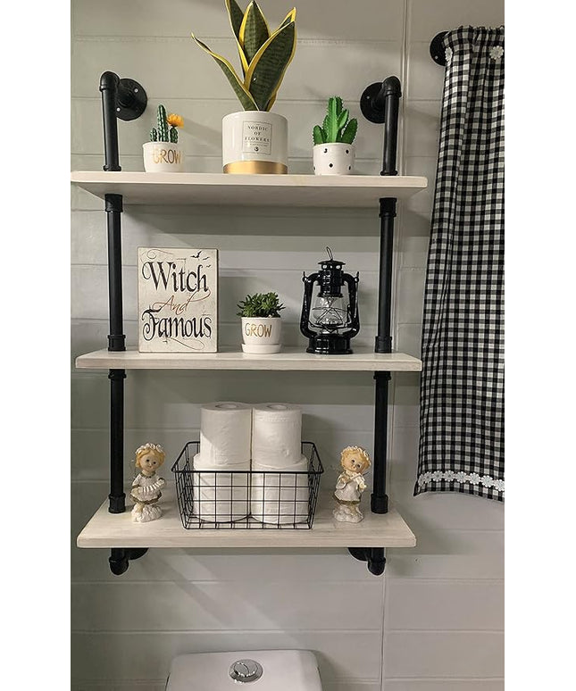 White Floating Shelves 24 inch Pipe Wall Shelves Bathroom Shelves Over Toilet with Wood Planks Industrial Pipe Floating Shelves Farmhouse Bathroom Pipe Shelves Wall Mounted