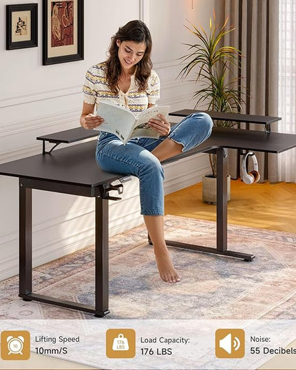 L Shaped Standing Desk, 63x43'' Electric L Stand Up Desk with 2 Adjustable Monitor Shelves, Dual Motor and Memory Controller, Adjustable Height from 28-46'' for Home and Computer Workstation, Black