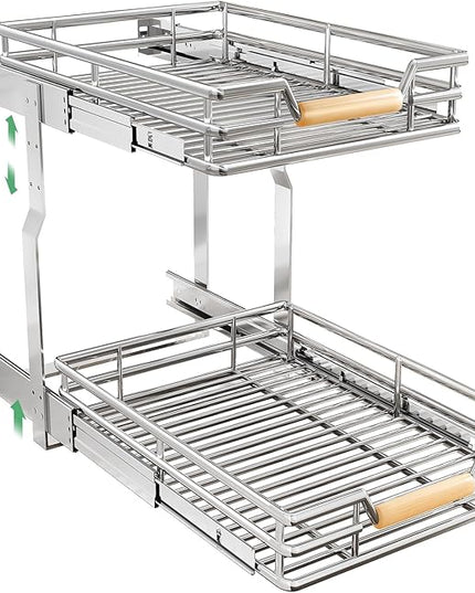 Pull out Cabinet Organizer, 2 Tiers 15"W X 21"D, Heavy Duty Smooth Sliding Under Cabinet Shelves for Pots and Pans, Full-Extension Roll out Drawers, Slide out Organization for Home Kitchen Pantry
